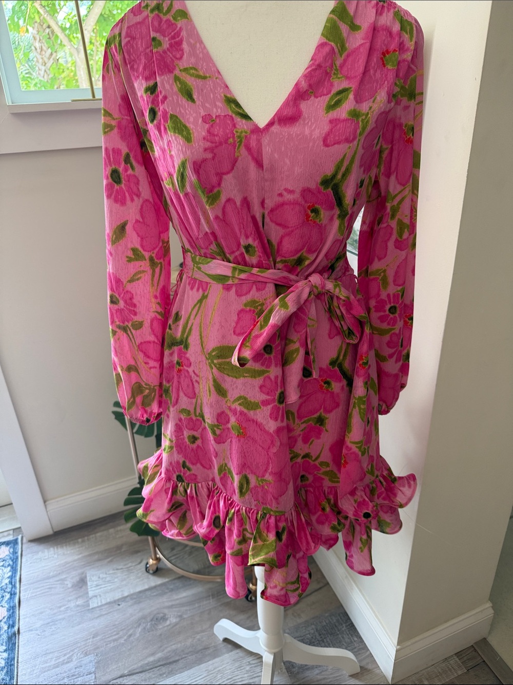 Taylor Pink and Green Floral Wrap-Style Dress